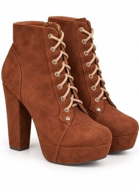Women's Lace-Up Suede Platform Ankle Boots - Chestnut Brown